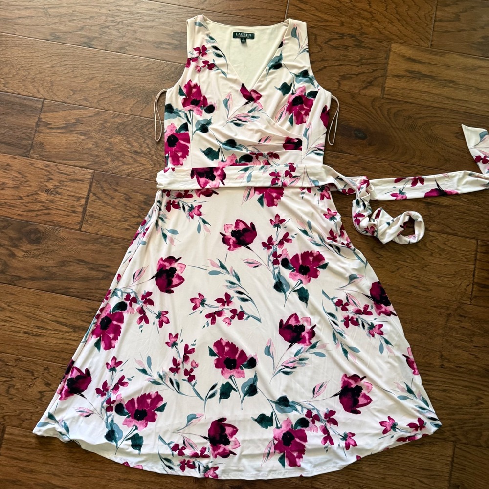 Lauren Ralph Lauren Floral Faux Wrap Dress Midi Derby Garden Party Rose Pink 12 - Picture 7 of 15